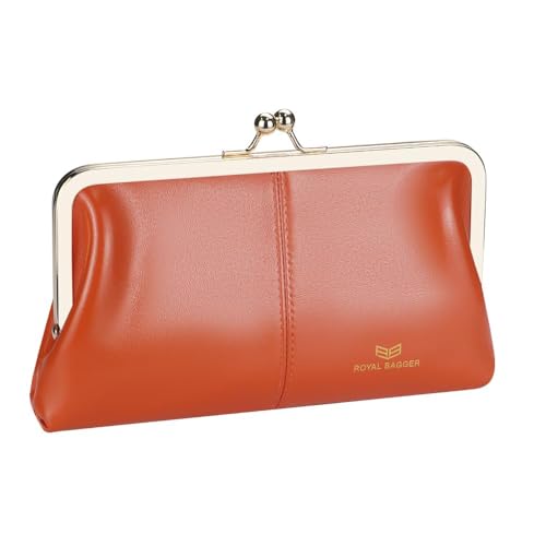 Image of Royal Bagger RFID Kiss Lock Wallet, Solid Color Multi-card Slots Card Holder, Genuine Cow Leather Clutch Purses for Women 1468 (Orange (2468))