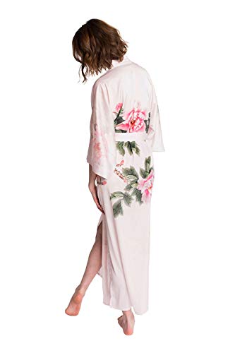 OLDSHANGHAI Women's Charmeuse Kimono Robe Long - Watercolor Floral - Peony & Bird - Pink, Charmeuse Kimono Robes for Women with Floral Designs, 54 inches in Length, One Size Fits Most. - Thumbnail 3