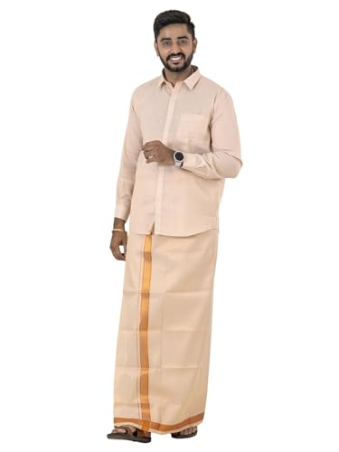 Image of RAMRAJ COTTON Men Gold Tissue Jacquard Full Sleeves Shirt with Matching Dhoti Set
