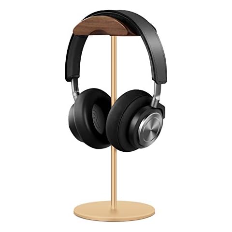 Headphone Stand, Walnut Wood & Aluminum Headset Stand, Nature Walnut Gaming Headset Holder with Solid Heavy Base for All Headphone Sizes (Gold) Cover