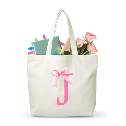 Pink Bow Canvas Tote Bag For Women, Letter J Totes Bags, Monogram Shoulder Bag Gifts For Girls Friends Teachers Nurses Coworkers, Initial Shopping Bags Gifts For Birthday Christmas Mother's Day -40