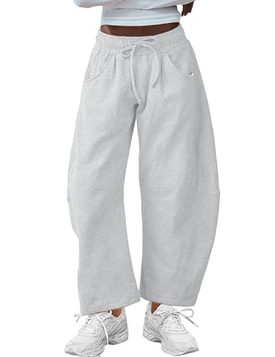 SeekMe Women's Barrel Leg Sweatpant Drawstring Elastic Waisted Wide Leg Pants Casual Cotton Palazzo Trousers with Pockets