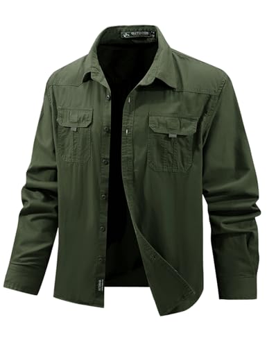 Flygo Long Sleeve Work Shirts for Men Casual Cotton Button Down Western Cowboy Cargo Shirt for Hiking Safari Camping