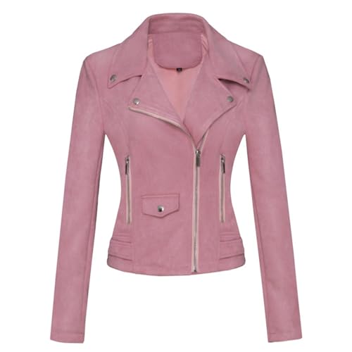 ANUFER Femmes Simili Cuir Suédé Veste de Motard Refroidir Fermeture éclair Croisée Manteau Court SD5A1212 Rose L