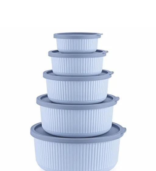 Image of 5-Piece Airtight Fluted Serving Bowl Set with Lids | Microwave Safe Plastic Food Storage Containers | Stackable Kitchen Blue Free Size