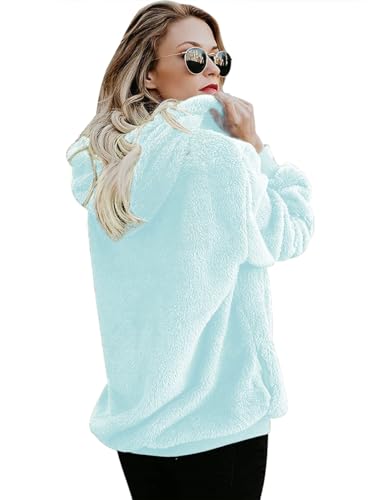 Romanstii Women's Zipper Fuzzy Fleece Long Sleeve Hooded Pullover Sweatshirt Spring Coats Aqua Blue L - Thumbnail 4