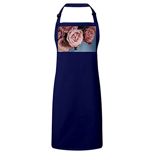 Tablier cuisine premium imprimé fleurs roses rétro fond bleu clair