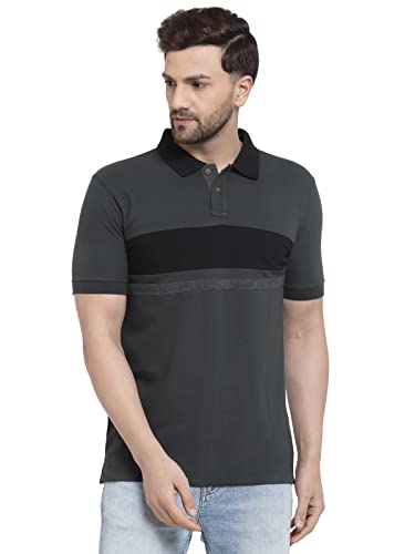 Kalt Men Half Sleeves Polo Neck Cotton Blend Striped T-Shirt