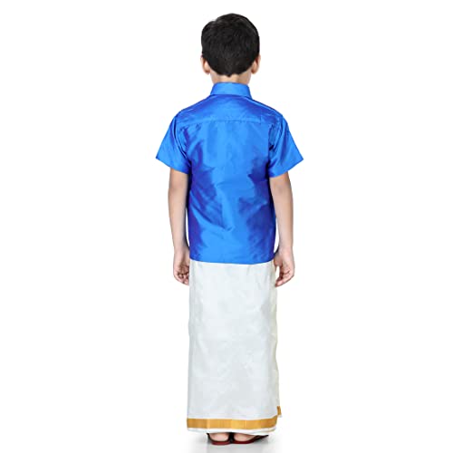 Image of BownBee Kids Boys Solid Half Sleeve Shirt with lining with Kasavu Mundu Set -Indian Traditional Party Wear South Indian Style
