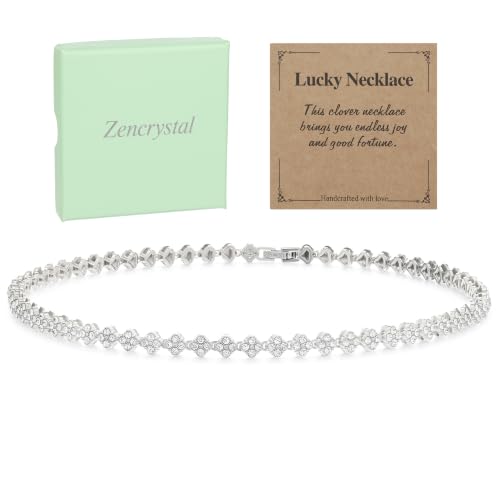 Zencrystal Silver Tennis necklaces for Women, Rhinestone Four-Leaf Clover necklace, Fashion Jewelry for Women, Everyday Wear & Gift (Silver-15.7in)