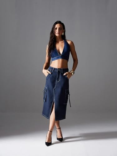 Image of Miss Chase Women's Regular High Rise Above Knee Stretchable Denim Skirt