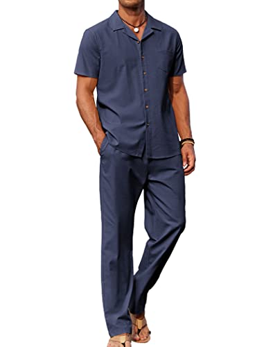 Abiti casual in lino 2 pezzi: Le camicie a maniche corte con bottoni, colletto camp collar e tasca sul petto, da portare fuori dai pantaloni, completano il tuo look da vacanza. I pantaloni da spiaggia in lino sono dotati di elastico in vita, due tasche frontali e orlo senza elastico, e offrono abbastanza spazio su vita e gambe per muoversi più liberamente.