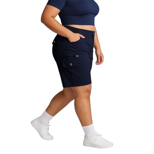 Yohoyoha Womens Plus Size Shorts Athletic Bermuda - Curvy Women Comfy Flowy Long With Pockets For Lounge Hiking Golf Deep Blue 3Xl