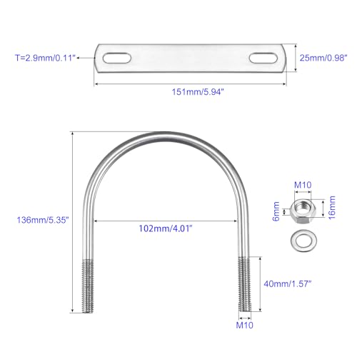 MACHSWON Round U-Bolt,1 Set 304 Stainless Steel M10 U Bolts 102mm(4") Inner Width 136mm Length with Nuts and Frame Plate for Automobiles Boat Trailer - Image 2