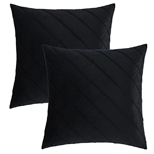 Image of GIGIZAZA Decorative Velvet Pillow Covers 16x16, Set of 2 Black Sofa Couch Throw Pillows Covers Cases, Living Room Square Cushion Accent Stripe Covers