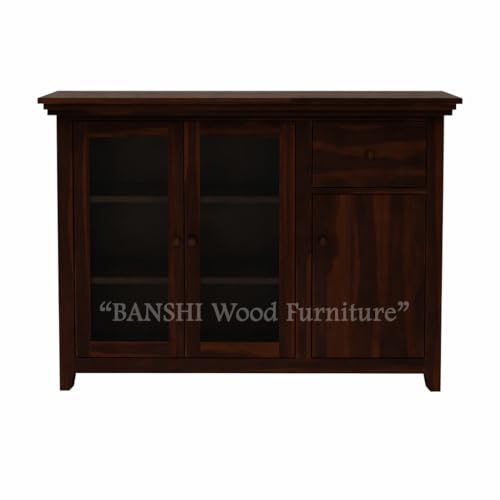 Image of BWF Premium Sheesham Shining Glass Door Storage Cabinet for Home, School, Office, Shop, Medical Clinic & Garage | Best Choice of Kitchen Crockery Storage | Wooden Chest (Walnut)