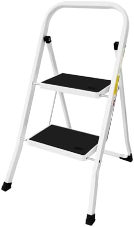 2 Step Steel Portable Folding Heavy Duty Ladder, Compact Folding Metal Stepladder Stool