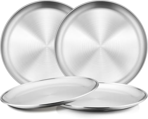 4 Stainless Steel Plates, 7.8 inch 304(18/8) Metal Camping Plate, Reusable Food Serving Dish Snack Eating Dishes Round Shatterproof Plate Silver Dinnerware for BBQ Dinner Oven Dishwasher Safe