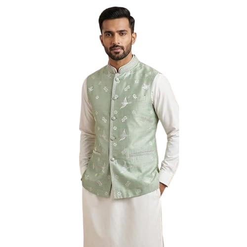 Image of Men's Mint Green Embroidered Nehru Jacket
