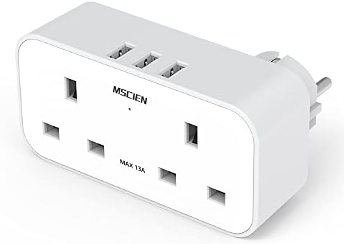 UK to European Plug Adapter With 3 USB Ports, Mscien Grounded Europe Travel Adapter, Dual 2 Pin Socket at The Bottom, Double Plug Adaptor UK to EU Euro For Germany France Spain and More (Type E/F)
