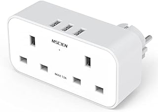 UK to European Plug Adapter With 3 USB Ports, Mscien Grounded Europe Travel Adapter, Dual 2 Pin Socket at The Bottom, Double Plug Adaptor UK to EU Euro For Germany France Spain and More (Type E/F)