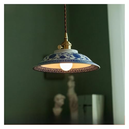 Lustre suspension japonais en porcelaine bleue et blanche D23.5cm lumière chaude