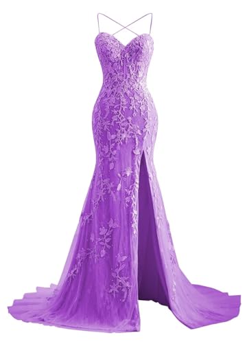 Fokissy Mermaid Prom Dresses with Slit 2026 Lace Applique Tulle Sweetheart Formal Evening Gown...