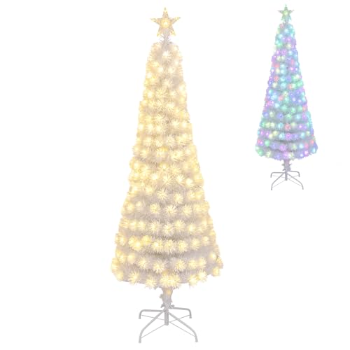 COSTWAY 5FT/6FT Pre-Lit Fiber Optic Christmas Tree Slim Pencil Xmas Tree with LED Lights Treetop Star 7 Lighting Modes 4-Level Speed and Remote Control Xmas Holiday Decor for Office Home (6FT)