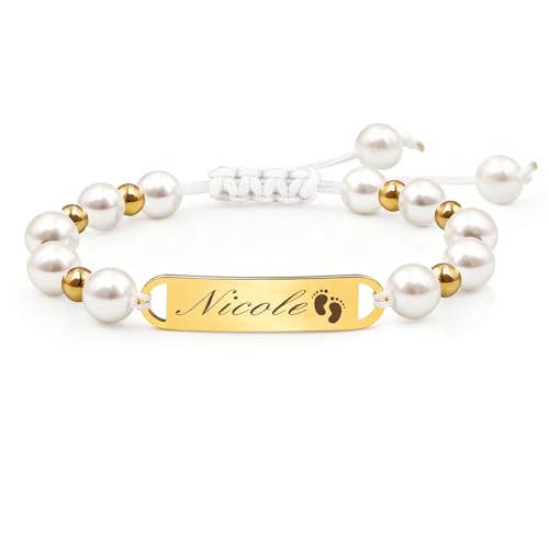 Malihome Pulsera personalizada para bebé, ajustable, con perlas blancas y nombre/texto grabado. Fabricada en acero inoxidable. Regalo ideal para bautizos, bebés y mamás primerizas. (Gold)