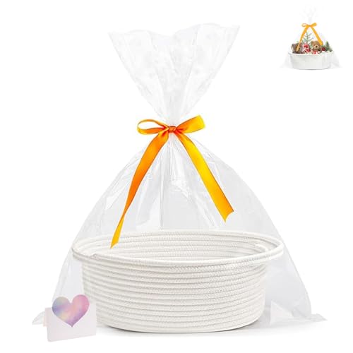 Panier Cadeau, Lot de 1 Paniers Cadeaux, 30 x 20 x 12 cm Panier Tissé en Corde Coton, Panier Avec Poignée pour Cadeaux, Pour Cadeaux Surprises, Rangement, Anniversaire, Mariage, Blanc