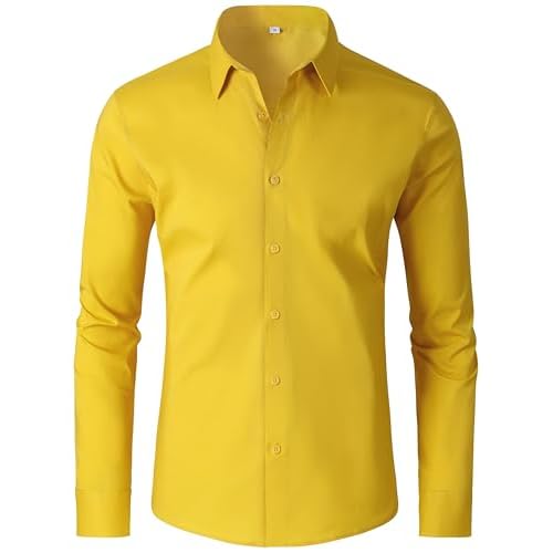 Mens Dress Shirts 4-Way Stretch Long Sleeve Slim Fit Formal Shirt Business Casual Wedding Dating Button Down Shirts X-Small 00119_yellow