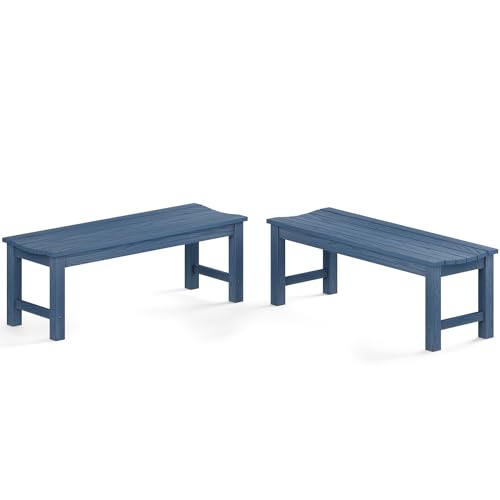 Image of Outdoor Bench Set of 2, 2-Person Patio Backless Benches, HIPS Weatherproof Garden Bench that Never Rot and Fade, Suit for Backyard, Church, Patio, Deck and Entryway (Blue)
