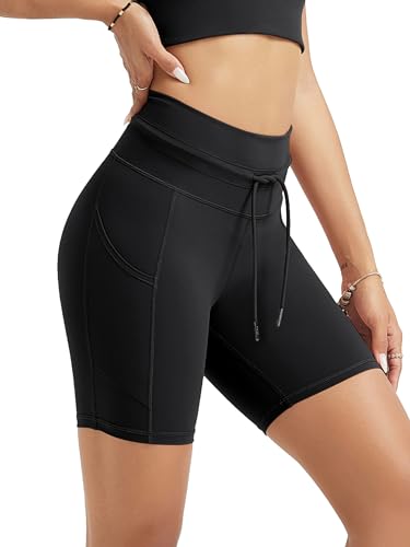 Image of ODODOS Women's Drawstring Tie Shorts 5 inch Inseam High Waist Workout Yoga Biker Shorts