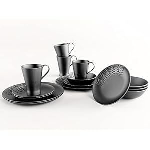 Nomnu Spiderweb Dinnerware Set (16 Pieces) – Gothic Kitchen Decor – Black Matte Porcelain Gothic Dinnerware Set: 4 Dinner Plates 4 Salad Plates 4 Bowls 4 Mugs – Spiderweb Decor Halloween Spooky Gifts