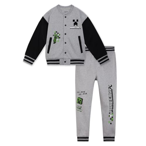 Minecraft Creeper Little Boys Fleece Varsity Bomber Jacket and Jogger Pants Outfit Set Gray/Black 7-8