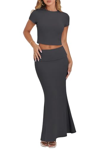 Image of CHYRII Womens Two Piece Sets Short Sleeve Crewneck Cropped Top Bodycon Fold Over Maxi Skirt Maxi Dress Outfit