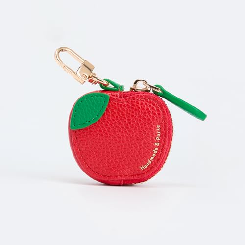 Image of Apple Shaped Coin Purse, Leather Mini Wallet with Keychain, Cute Zipper Pouch Compatible with AirTag, Women's Bag Charm for Coins & Small Items