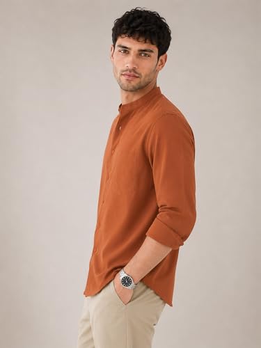 Image of Veirdo Men's Stylish Solid Casual Shirt | Chinese Collar Pure Cotton | Available in Black, Brown, Rust, Olive, White & Navy | Sizes S to XXL