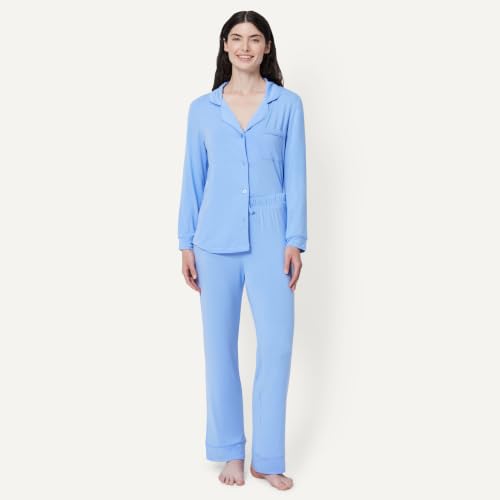 Image of Amazon Essentials x Sofia Grainge Women's Stretch Modal Long-Sleeve Button-Front Top and Full-Length Bottom Pajama Set
