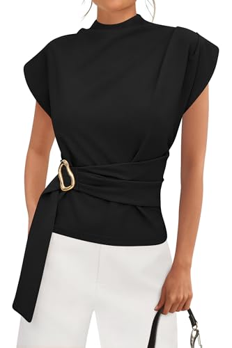 PRETTYGARDEN Women Blouses Spring Dressy Cap Sleeve Mock Neck Work Shirts Buckle Tunic Summer Business Casual Tops 2026(Black X-Large)