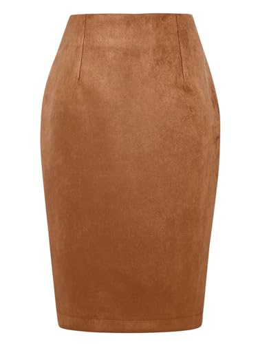 WIFFGO Suede Skirts for Women Fall Winter Mini High Waisted Slit Casual Pencil Bodycon Work Elegant Outfit Office Skirt Khaki