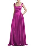 WSEYU Vestidos de graduación de satén para mujer con bolsillos, vestidos de dama de honor para boda, vestido de cóctel, talla grande, color negro, fucsia, 56 Grande
