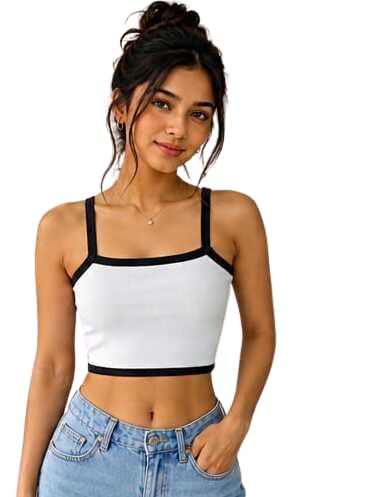 Women's White Contrast Trim Crop Cami Top | Square Neck Sleeveless Stretch Knit Slim Fit Crop Top | Casual Fashion Tank Top for Girls & Women-image-5