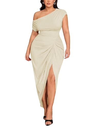Image of Floerns Women's Plus Size Asymmetrical Neck Long Dress Ruched Slit Hem Cocktail Dress