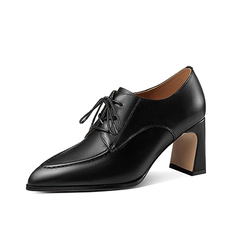 TinaCus Women's Pointed Toe Genuine Leather Lace Up Handmade Mid Heel Pumps Shoes