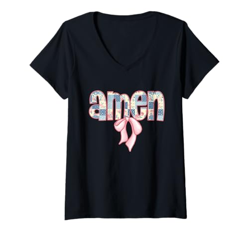 Mujer Christian Women Floral Amen Coquette Patchwork Floral Niñas Camiseta Cuello V