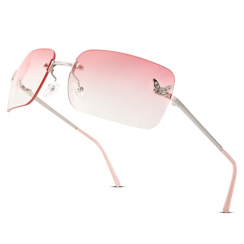 Rectangle Rimless Sunglasses for Women Retro Trendy Square Sun Glasses Vintage Shades