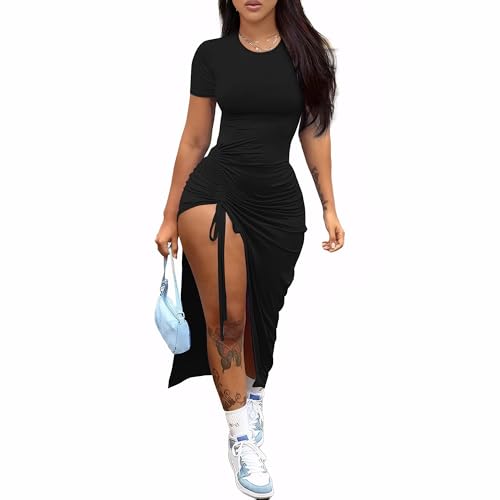 Nimsruc Women Sexy Summer Dresses Short Sleeve Thigh-high Slit Ruched Bodycon Maxi Club Cocktail Party Dress Black XXL