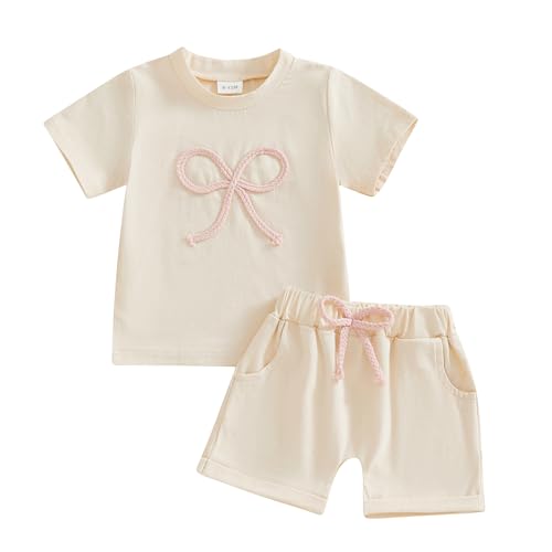 KtwHarnu Infant Toddler Baby Girl Summer Outfit Bow Embroidery Short Sleeve T Shirt Top Shorts Set 2Pcs Summer Clothes (B-Apricot, 12-18 Months)