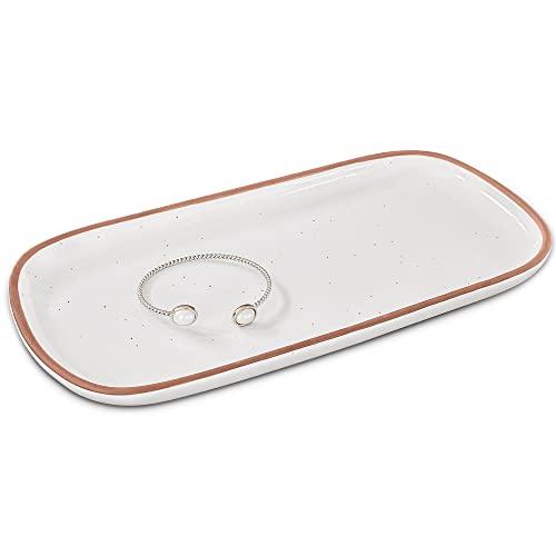 Mora Ceramic Decorative Tray - Rectangle 10in Dish for Jewelry, Soap Dispenser, Perfume, Makeup, Accessories, Candle, in The Bathroom Vanity, Bedside, or Kitchen Counter. Cute Organizers - White